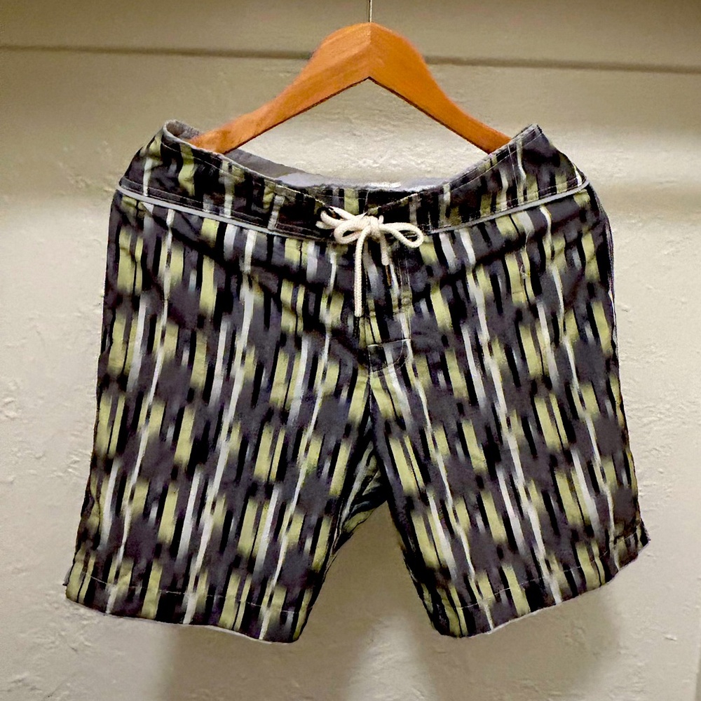 Parke & Ronen swim trunks, inner lining, Velcro back pocket, cord waist tie